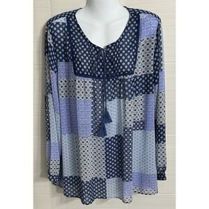 Tantrums Blue Patchwork Print Tassel Blouse XXXL, Lightweight Coastal Boho Airy